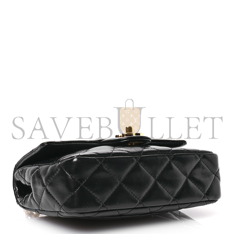 CHANEL SHINY LAMBSKIN QUILTED GOLDEN LINKS TOP HANDLE FLAP BLACK AS1160 (20*13*5cm)